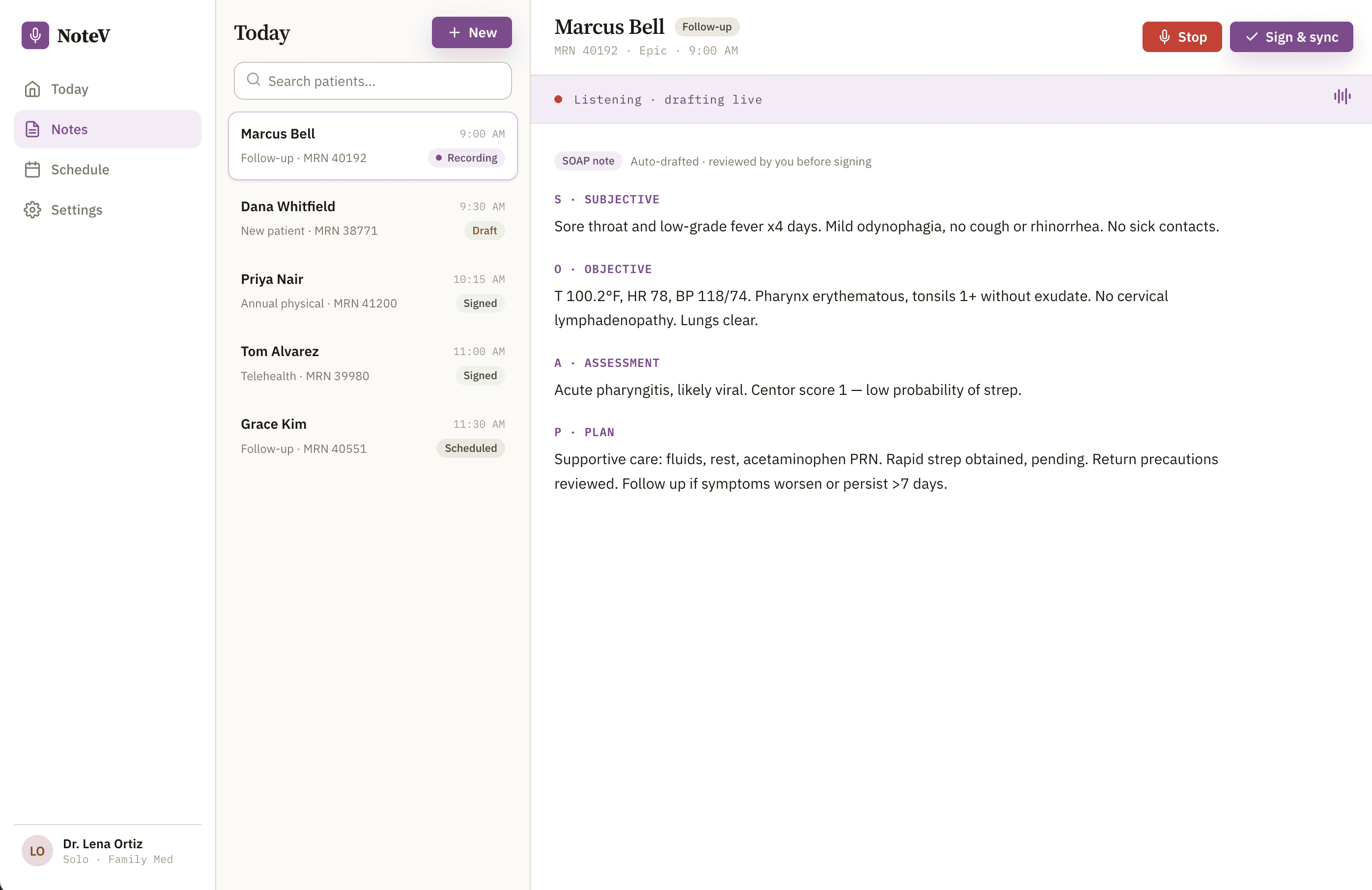 NoteV desktop app — live SOAP note drafting during a patient encounter with sidebar navigation and patient list