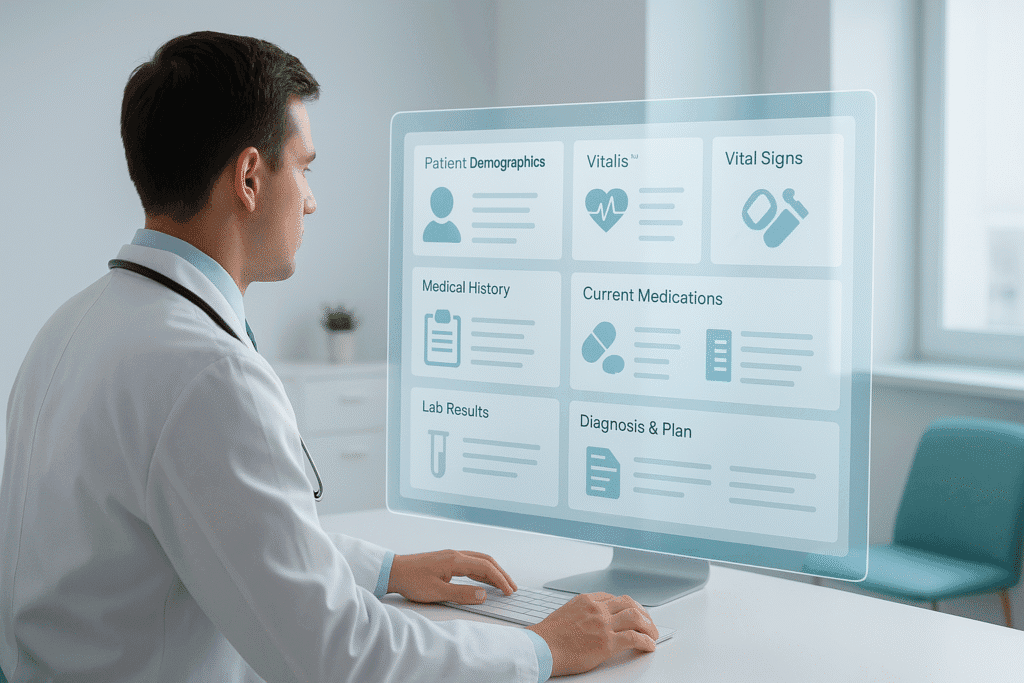 Physician reviewing a structured clinical documentation template on a digital EHR dashboard, showing patient demographics, vitals, medical history, medications, lab results, and SOAP note fields ā illustrating modern medical note formats and clinical documentation workflows.